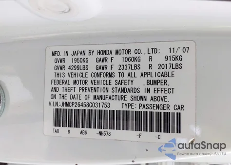 2008 Honda Accord 2.4 Lx-P from USA, damaged, VIN JHMCP26458C031753
